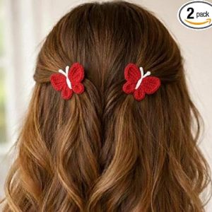 Crochet Butterfly Hair Clips for Girls – Handmade Red Barrettes – Soft & Lightweight Crochet Butterfly Hair Accessories for Kids, Toddlers, Teens & Women