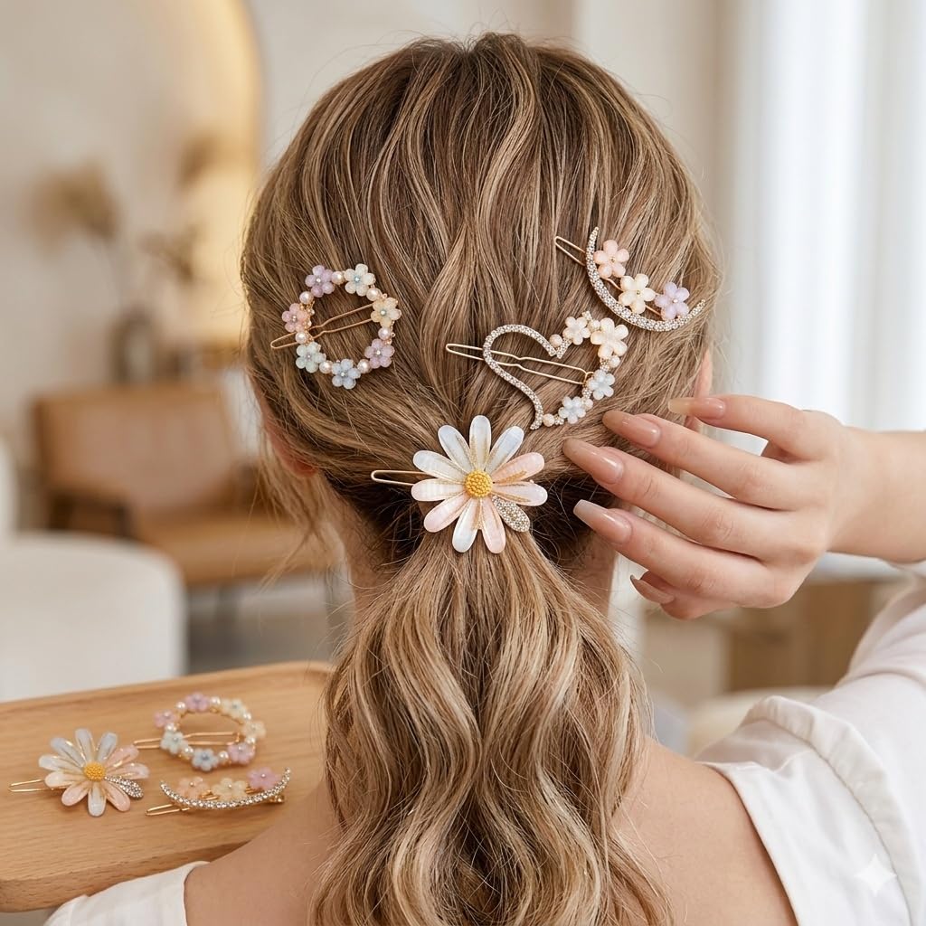 Floral Hair Clips Set for Women & Girls – Cute Crystal Flower & Pearl Gold Hair Pins Combo (Pack of 4) – Stylish Korean Fashion Hair Accessories - Image 2