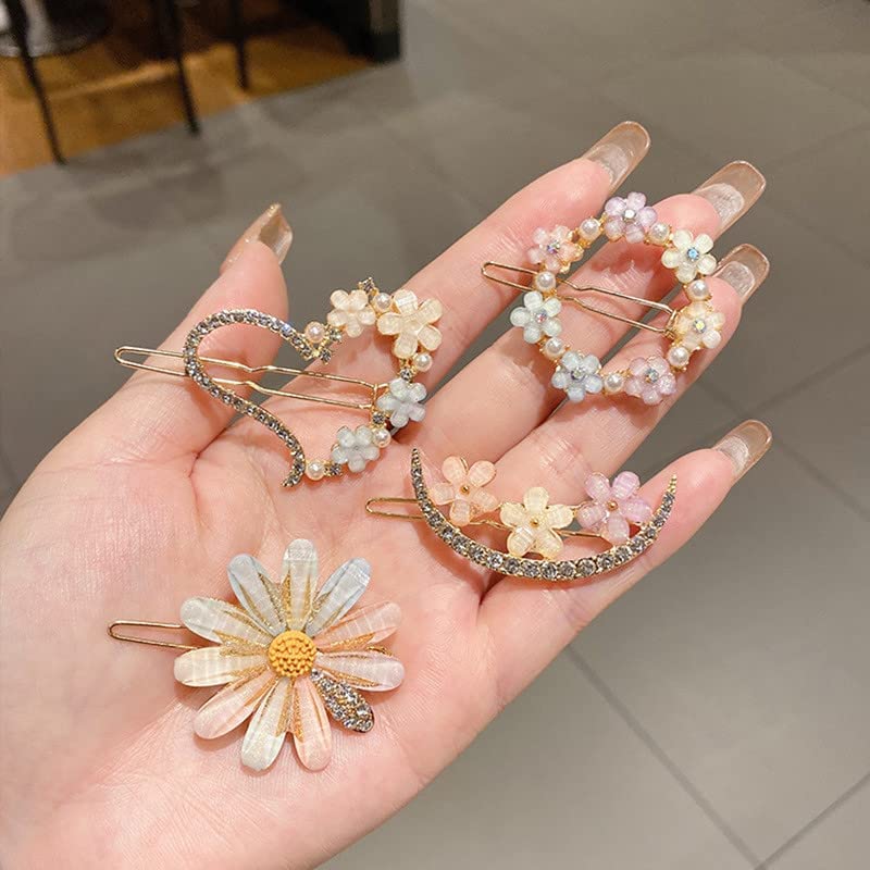 Floral Hair Clips Set for Women & Girls – Cute Crystal Flower & Pearl Gold Hair Pins Combo (Pack of 4) – Stylish Korean Fashion Hair Accessories - Image 3