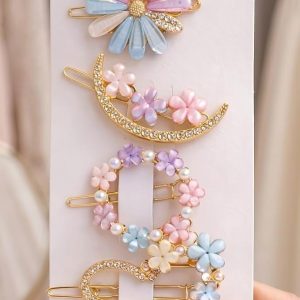 Floral Hair Clips Set for Women & Girls – Cute Crystal Flower & Pearl Gold Hair Pins Combo (Pack of 4) – Stylish Korean Fashion Hair Accessories