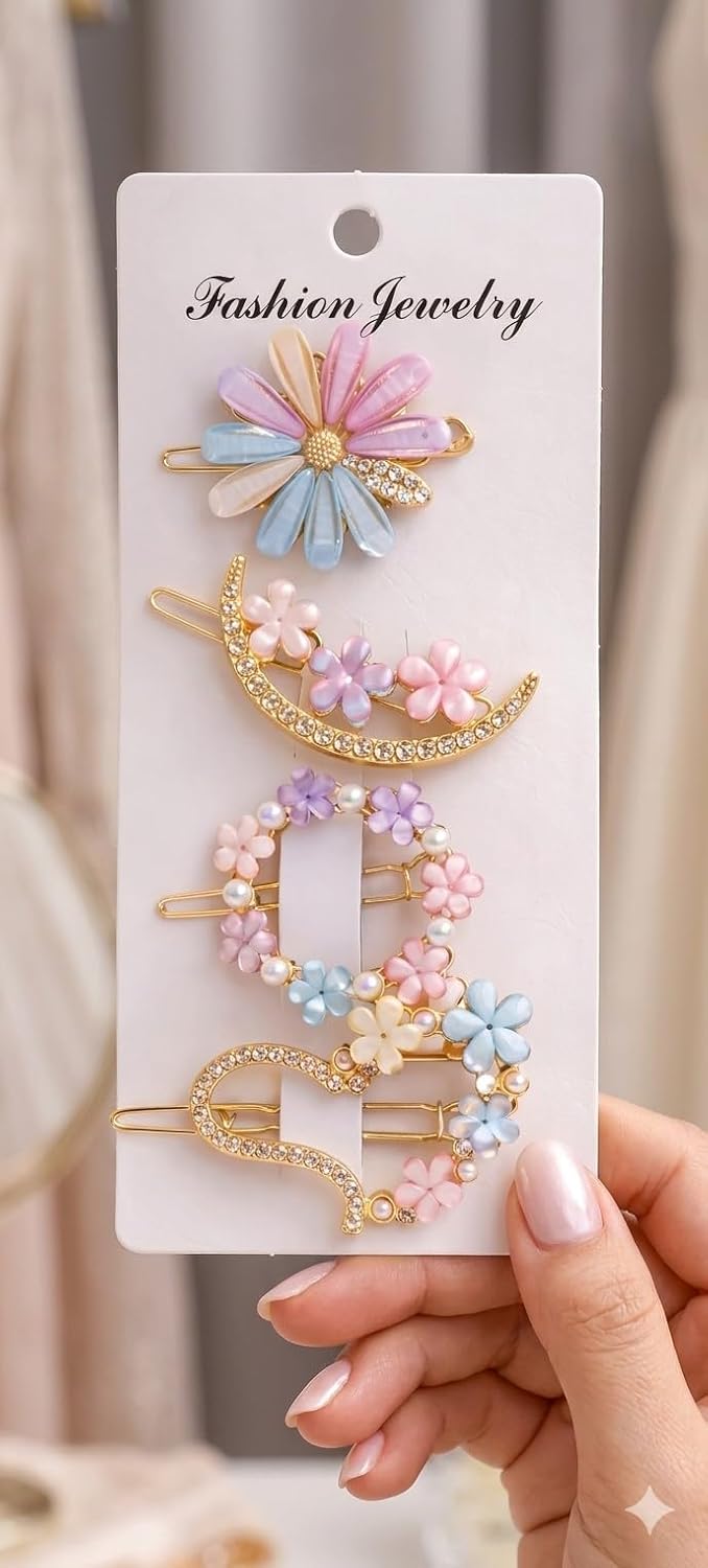 Floral Hair Clips Set for Women & Girls – Cute Crystal Flower & Pearl Gold Hair Pins Combo (Pack of 4) – Stylish Korean Fashion Hair Accessories