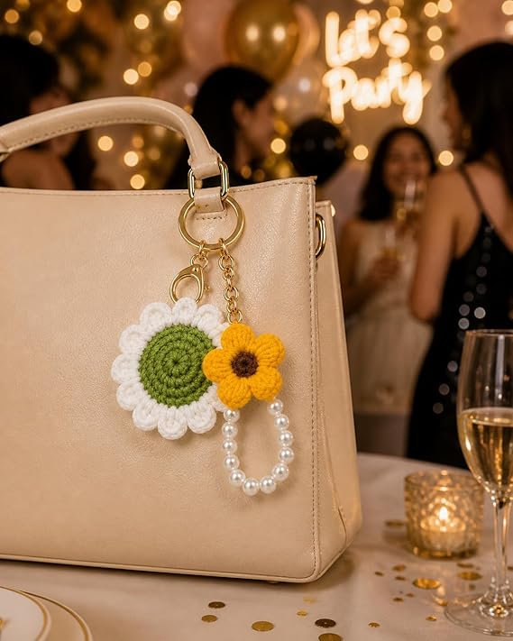 Mirha's Touch Handmade Crochet Sunflower with Daisy Keychain and Pearl Loop | Floral Bag Charm for Girls | Aesthetic Backpack Accessory | Gift for Women & Friends - Image 4