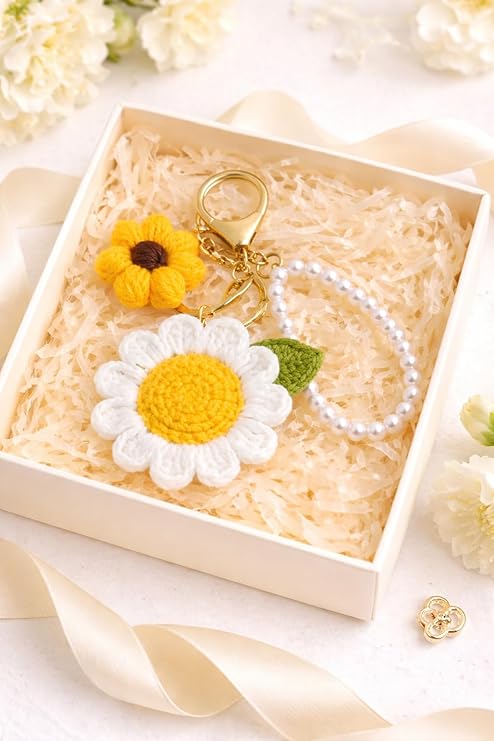 Mirha's Touch Handmade Crochet Sunflower with Daisy Keychain and Pearl Loop | Floral Bag Charm for Girls | Aesthetic Backpack Accessory | Gift for Women & Friends - Image 3