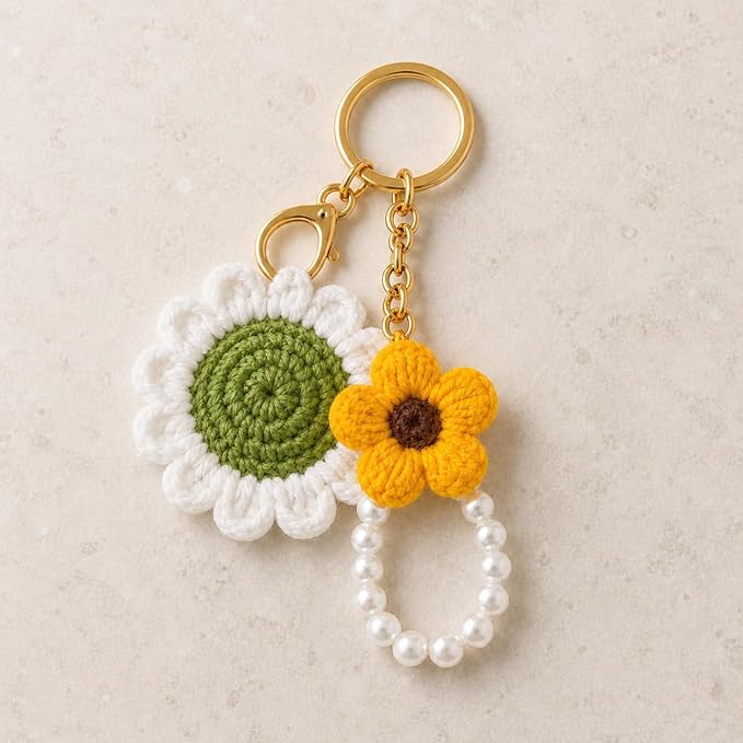 Mirha's Touch Handmade Crochet Sunflower with Daisy Keychain and Pearl Loop | Floral Bag Charm for Girls | Aesthetic Backpack Accessory | Gift for Women & Friends - Image 2