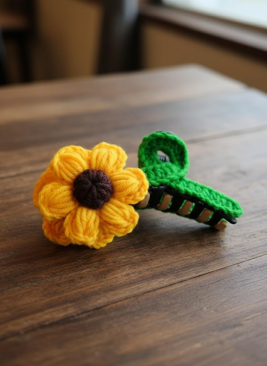 CRAFTED WITH PASSION Handmade Crochet Sunflower Hair Clip, Yellow and Green Yarn, Floral Design for Women - Image 4