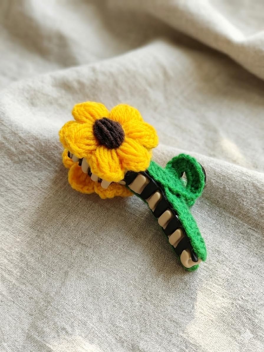 CRAFTED WITH PASSION Handmade Crochet Sunflower Hair Clip, Yellow and Green Yarn, Floral Design for Women - Image 2