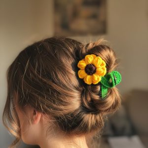 CRAFTED WITH PASSION Handmade Crochet Sunflower Hair Clip, Yellow and Green Yarn, Floral Design for Women
