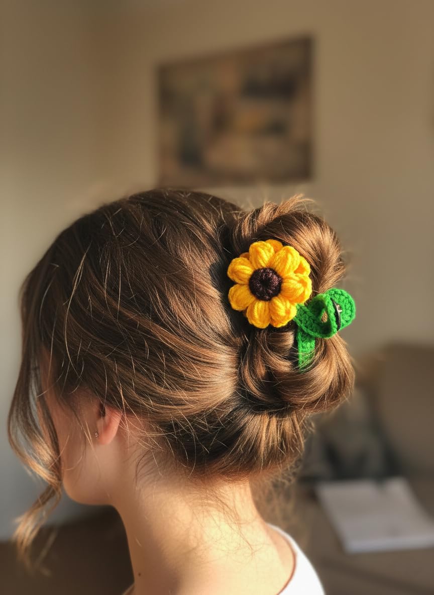 CRAFTED WITH PASSION Handmade Crochet Sunflower Hair Clip, Yellow and Green Yarn, Floral Design for Women