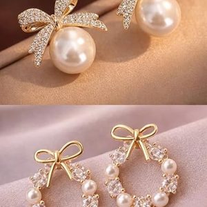 TRENDY Korean Style Fashion Earrings Set, Pearl and Crystal Bow Design, Women's Jewellery Accessories, 2 Pairs