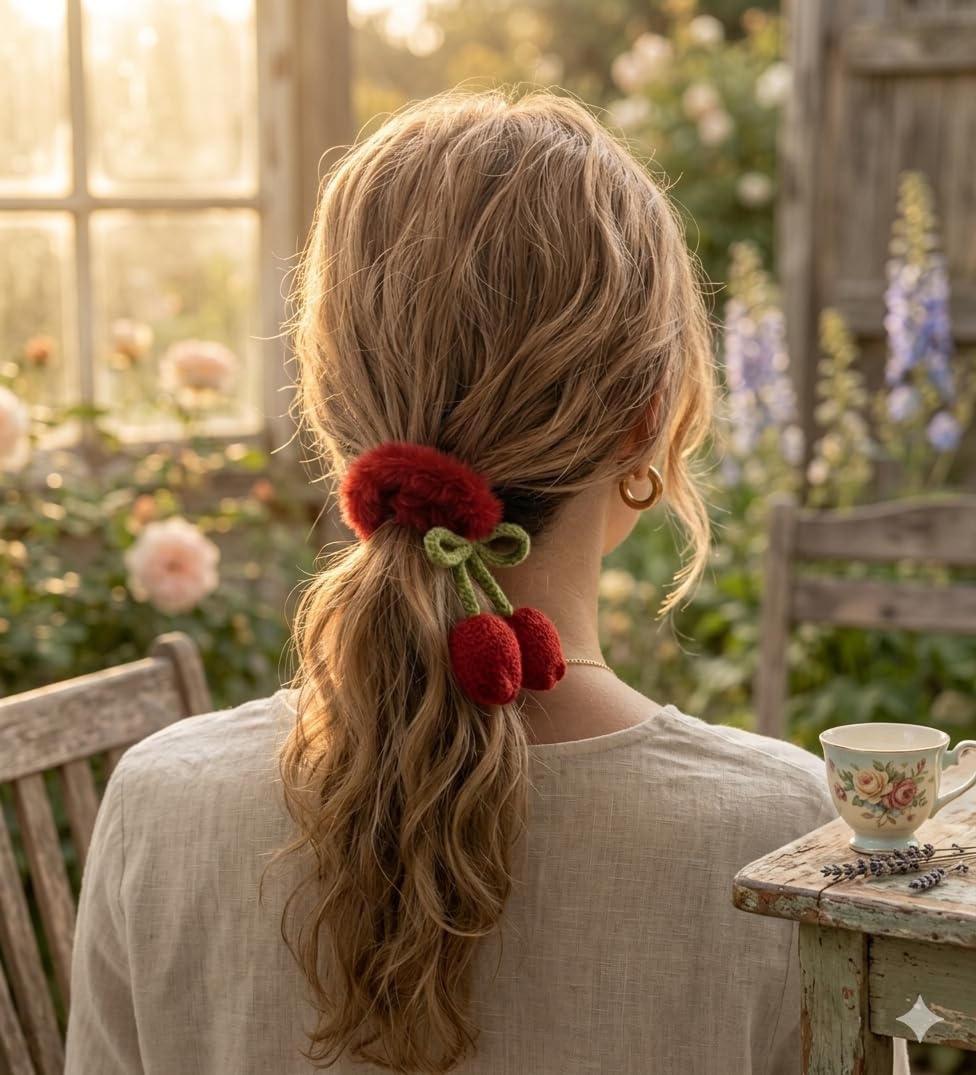 Handmade Knit Cherry Scrunchie, Fluffy Hair Tie with Knitted Cherry Charm and Green Bow, Multiple Colours - Image 2