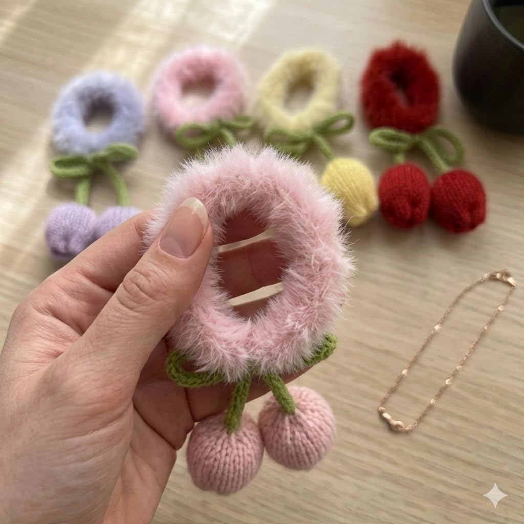 Handmade Knit Cherry Scrunchie, Fluffy Hair Tie with Knitted Cherry Charm and Green Bow, Multiple Colours - Image 3