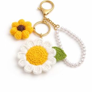 Mirha's Touch Handmade Crochet Sunflower with Daisy Keychain and Pearl Loop | Floral Bag Charm for Girls | Aesthetic Backpack Accessory | Gift for Women & Friends