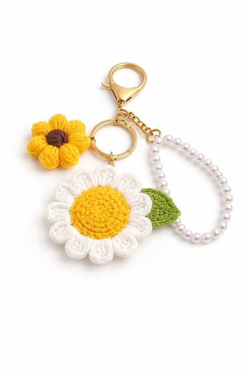 Mirha's Touch Handmade Crochet Sunflower with Daisy Keychain and Pearl Loop | Floral Bag Charm for Girls | Aesthetic Backpack Accessory | Gift for Women & Friends
